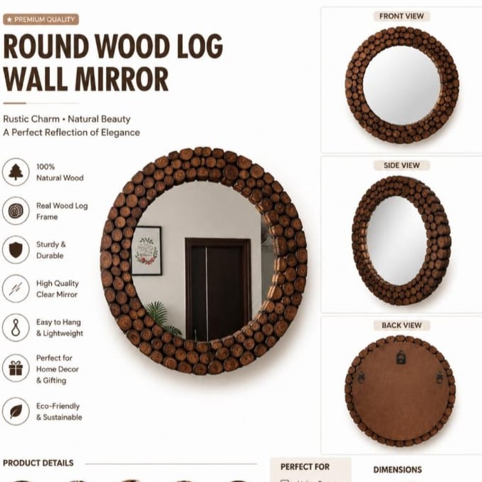 Rustic Round Wood Log Wall Mirror